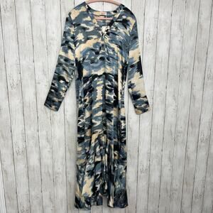 NKN Nekane Blue Winter Camo Long Sleeve Ruffle Flowy Maxi Lightweight Dress